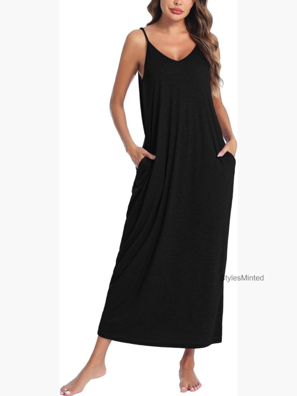 Soft Cotton Spaghetti Strap Full Slip Nightgown with Pockets - Sleeveless